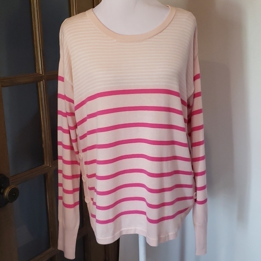Crown & Ivy Pink Striped Side Button Sweater Medium NWT